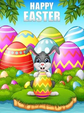 Cartoon bunny holding easter eggs in the woods near the river Stock Illustration