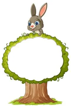 Cartoon Bunny Peeking Over Tree With Blank Sign Ilustração Stock