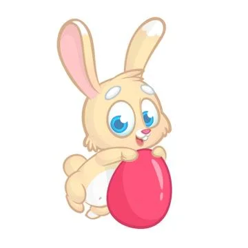 Cartoon bunny rabbit holding Easter egg. Vector illustration of forest animal Stock Illustration