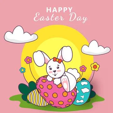 Cartoon Bunny Sit on Printed Eggs and Flowers Field View for Happy Easter C.. Stock Illustration
