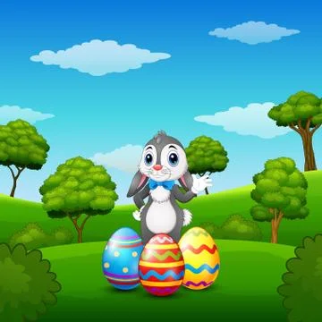 Cartoon bunny waving hand with easter eggs in the park Stock Illustration