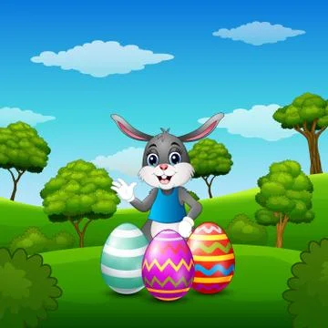 Cartoon bunny waving hand with easter eggs in the park Stock Illustration