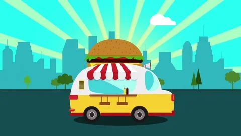 Cartoon Burger Car in the city. Colorful animation of funny Hamburger truck Stock Footage