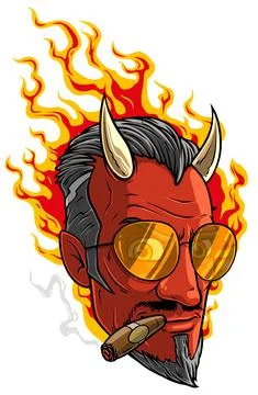 Cartoon burning devil man with horns and cigar Stock Illustration