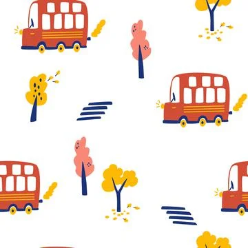 Cartoon bus seamless pattern. Childish background with red tourist bus and tr Stock Illustration