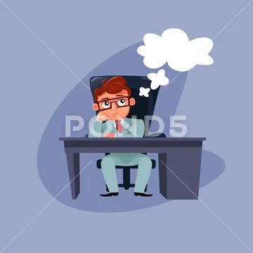 Cartoon Business Man In Elegant Suit Sitting At Office Desk Thinking Stock Illustration