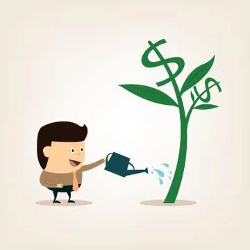 Cartoon Businessman during watering the money tree Stock Illustration