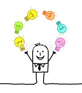 Cartoon Businessman Juggling with Colorful Light Bulbs Stock Illustration
