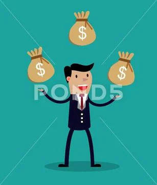 Cartoon businessman juggling three sacks Stock Illustration