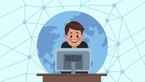 Cartoon businessman working on computer in front of digital world map with .. Stock Footage 339047560
