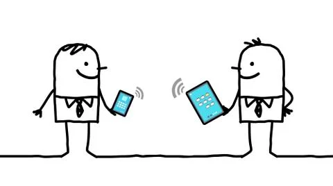 Cartoon businessmen connected with digital  tablet and phone Stock Illustration