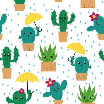Cartoon cacti in pots with umbrellas. Stock Illustration