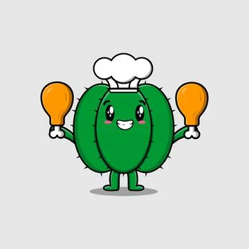 Cartoon Cactus chef holding two chicken thighs Stock Illustration