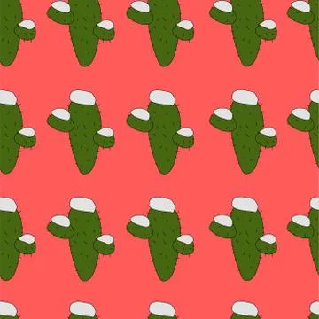 Cartoon cactus in snow seamless pattern template. Bright vector illustration Illustrazione stock