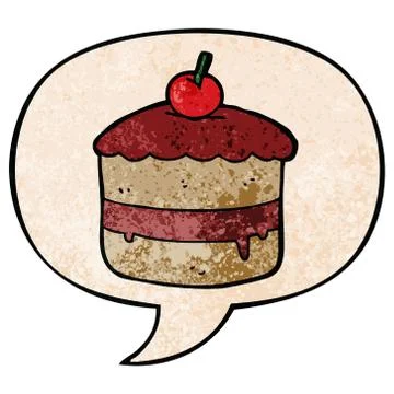 Cartoon cake and speech bubble in retro texture style Stock Illustration