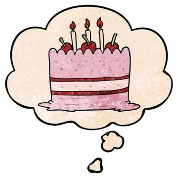 Cartoon cake and thought bubble in grunge texture pattern style Illustrazione stock