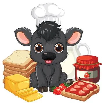 Cartoon Calf Chef with Bread Jam and Butter Breakfast Illustration Stock Illustration