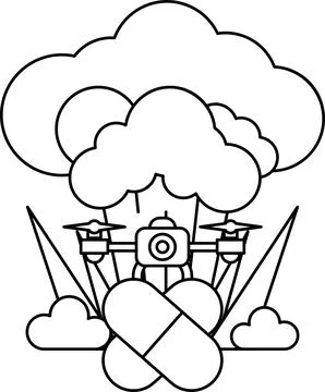 A cartoon of a camera and a pill bottle with a cloud in the background Stock Illustration