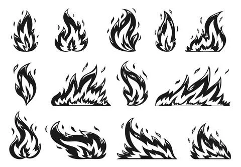 Cartoon campfire flat set flame spark black stamp Stock Illustration