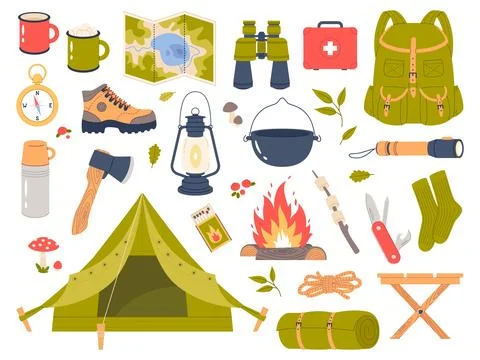 Cartoon camping elements. Summer hiking items, picnic and recreation outdoors Stock Illustration