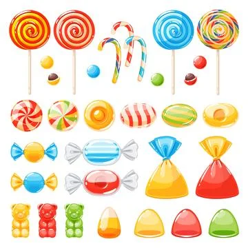 Cartoon candies. Multi colored different types caramel, in wrappers and on Stock Illustration