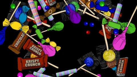 Cartoon Candy Explosions Center Left Right Top Bottom Alpha Channel Stock Footage 124648151