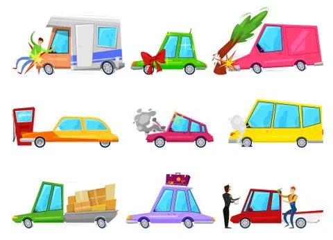 Cartoon car accident vector comic minicar and broken vehicle after automobile Stock Illustration
