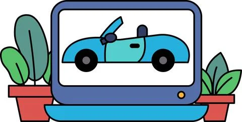 A cartoon car is displayed on a computer screen Ilustración de archivo