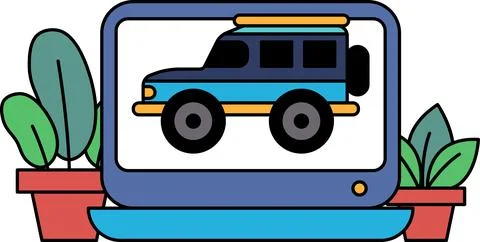 A cartoon car is displayed on a computer screen Ilustración de archivo