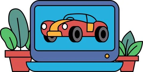 A cartoon car is displayed on a computer screen Ilustración de archivo