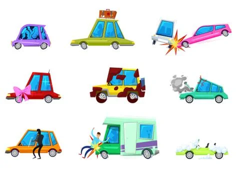 Cartoon car vector comic minicar and broken vehicle after auto accident or Illustrazione stock