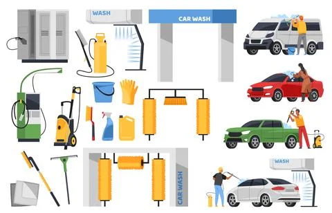 Cartoon car wash elements. Owners take care of vehicles, brushes, vacuum イラスト素材