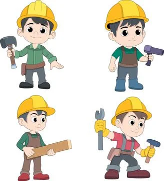 Cartoon Carpenter Characters Set with Tools in Vector Illustration Stock Illustration