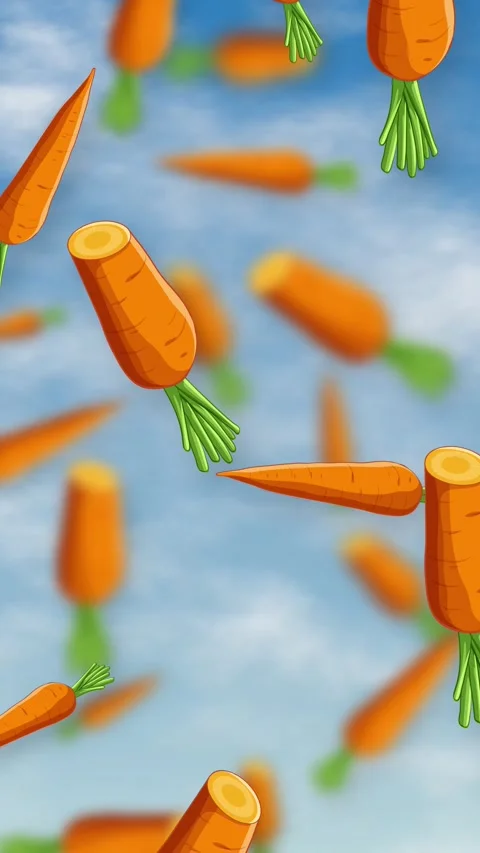 Cartoon Carrots Falling Through a Blue Sky with Clouds Stock Footage 343836923
