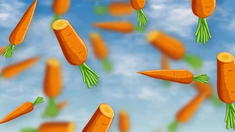 Cartoon Carrots Falling Through a Bright Blue Sky with Clouds Stock Footage 342317913
