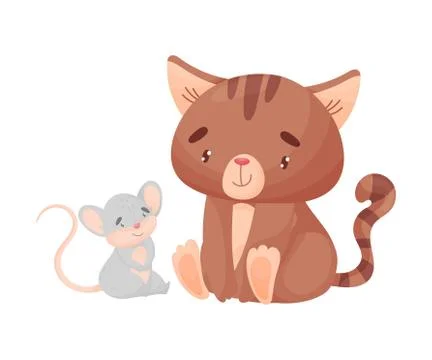 Cartoon cat and mouse are sitting. Vector illustration on white background. Stock Illustration