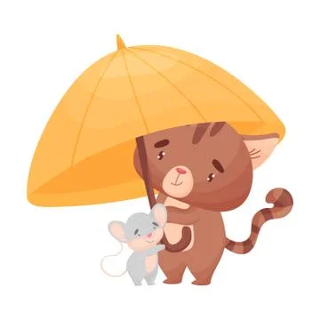 Cartoon cat and mouse under the umbrella. Vector illustration on white Stock Illustration