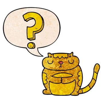 Cartoon cat and question mark and speech bubble in retro texture style Stock Illustration