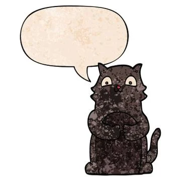 Cartoon cat and speech bubble in retro texture style Stock Illustration