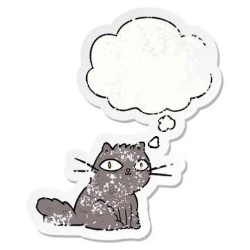 Cartoon cat and thought bubble as a distressed worn sticker Stock Illustration