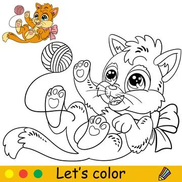 Cartoon cat with a ball of thread coloring book page vector Stock Illustration