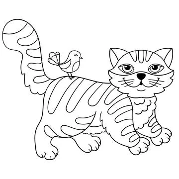 Cartoon cat with a bird. Black contour drawing. Vector Stock Illustration