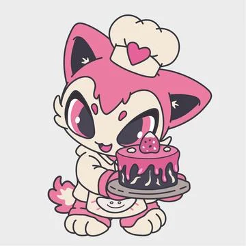 Cartoon cat with cake. Charming and funny character. Cartoon mascot design. Stock Illustration