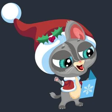 Cartoon cat in cute hat reading greeting postcard Stock Illustration