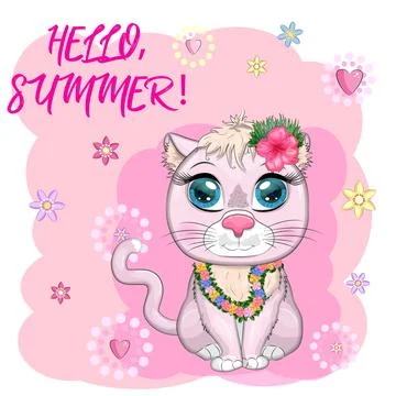 Cartoon cat dressed as a hula dancer under the ukulele, Hawaii. Summer, vacat 스톡 일러스트