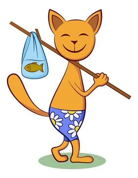 Cartoon Cat with Fish Illustrazione stock