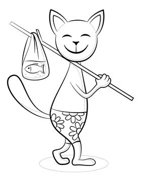 Cartoon Cat with Fish Stock Illustration