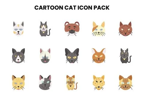 Cartoon Cat Flat Vector Icons Pack Stock Illustration