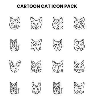 Cartoon Cat Line Vector Icons Pack Stock Illustration
