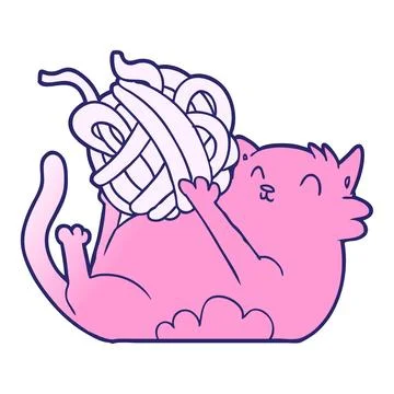 Cartoon cat playing with ball of string in bright neon color Stock Illustration